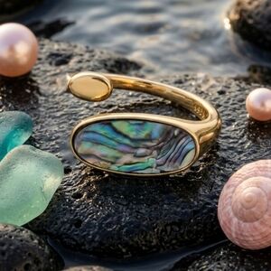 Genuine Abalone Shell 18K Gold Plated Sterling Silver Adjustable Boho Chic Ring
